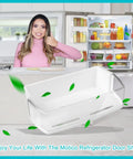 Refrigerator Door Shelf Bin Replacement Top Right For LG And Kenmore Models, clear plastic bin on kitchen counter with fridge open.