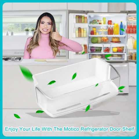 Refrigerator Door Shelf Bin Replacement Top Right For LG And Kenmore Models, clear plastic bin on kitchen counter with fridge open.