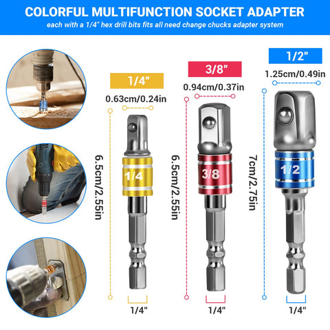 32 Piece Flexible Drill Bit Extension Set with rotatable joint sockets in 1/4, 3/8, 1/2 inch sizes showing colorful adapters.