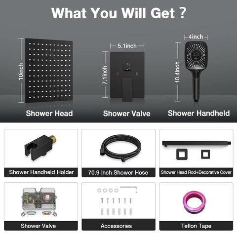 Components of Black Shower Faucet Set With 10 Inch Rainfall Shower Head And Handheld 3 Function Shower System Brass Pressure Balance Valve