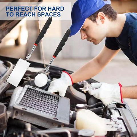 Mechanic using 4 Pack Telescoping Inspection Mirrors Set with Round and Rectangular Heads for car engine inspection