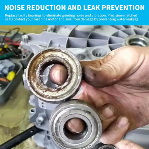 Premium Heavy Duty Rear Drum Bearing And Seal Kit For Lg Kenmore Front Load Washers Replaces 4280 En showing worn bearings in hand.