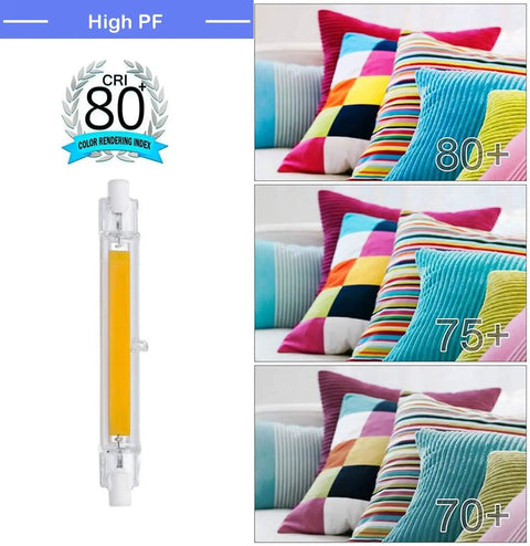 Three Pack 15W R7S LED Flood Light Bulbs 6000K Cool White Double Ended J Type 118mm Length 110V Replacement for 150W Halogen Dimmable 1500 Lumen High Output displayed with pillows showing CRI 80+