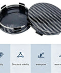 Premium Snap On Wheel Hub Center Caps For Universal Fit, carbon fiber black look, showing inside and outside features, durable ABS material.