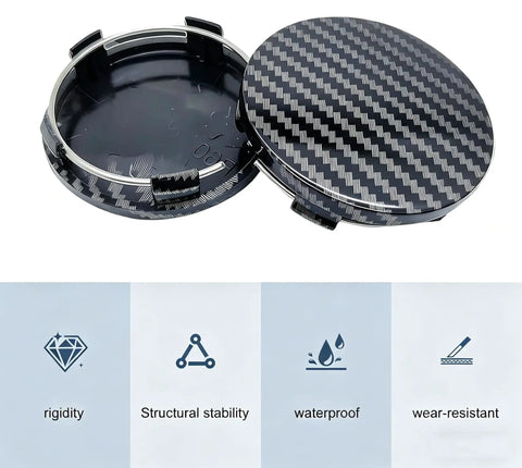 Premium Snap On Wheel Hub Center Caps For Universal Fit, carbon fiber black look, showing inside and outside features, durable ABS material.