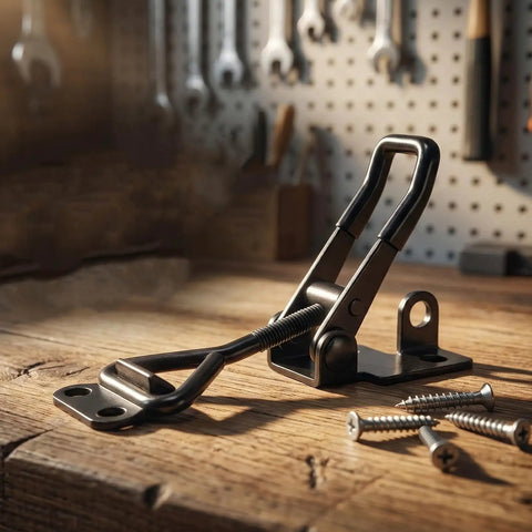 Heavy Duty Stainless Steel Toggle Clamps With Quick Release Latches, 200kg Holding Capacity, on wooden table with screws