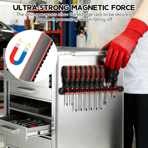 Magnetic Tool Organizer Rack for Screwdrivers and Wrenches, Heavy Duty Aluminum Rails with Strong Sliding Clips on metal cabinet
