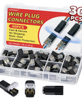 30 Pcs Quick Connect Wire Connectors No Stripping Easy Snap In Double Wire Plug In Connector Flame Retardant Lock Strip Connector For LED Strip Lights DIY Low Voltage And Model Kit 18 To 22 AWG displayed in open box with connectors visible.