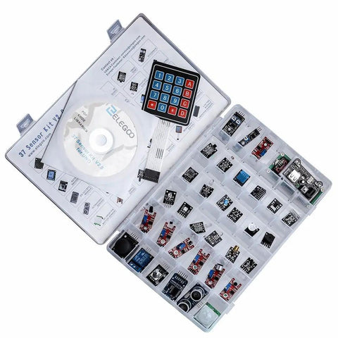Upgraded 37-In-1 Sensor Modules Kit With Tutorial for Arduino R3 Mega 2560 Nano, open case with components and manual