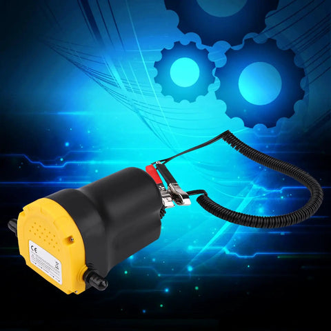 Efficient 12V Electric Fluid Extractor Pump With Battery Clamps For Quick And Clean Oil Transfer On Cars Motorcycles And Quads on blue background.