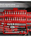 Premium 150 Piece Socket Ratchet Wrench Set With Sturdy Hanging Tray For Auto Repair And Household Fixes Badass Mechanics Gear Built Tough; organized socket set with metallic tools and red case.