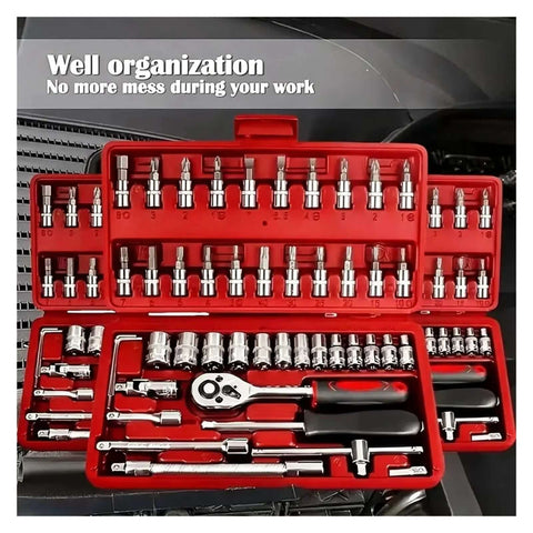 Premium 150 Piece Socket Ratchet Wrench Set With Sturdy Hanging Tray For Auto Repair And Household Fixes Badass Mechanics Gear Built Tough; organized socket set with metallic tools and red case.