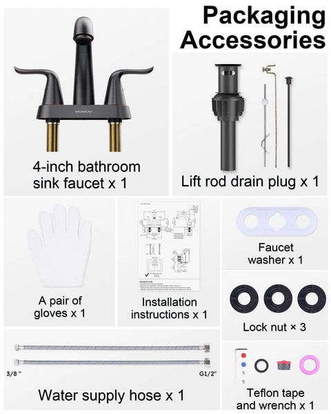 Packaging accessories for Oil Rubbed Bronze 4 Inch Centerset Bathroom Faucet With Two Handles And Lift Rod Drain Assembly Stainless Steel Lavatory Sink Fixture