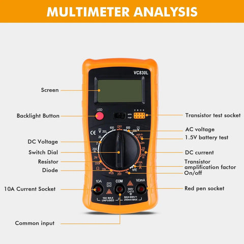 VC830L digital multimeter with labeled components from 80W Soldering Iron Kit With Multimeter And LCD Temperature Display, 5 Iron Tips And 30 Tools