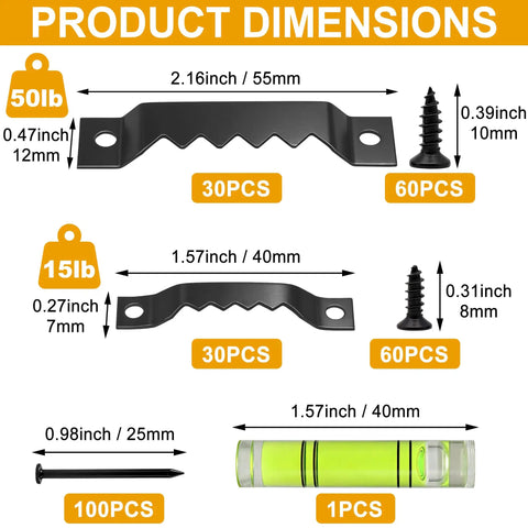 Product dimensions for Heavy Duty Picture Hangers Kit 281 Pcs With Sawtooth Wall Hooks, Nuts, Screws And Level, Rustproof Steel.