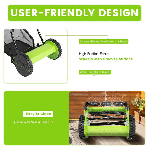Manual Push Reel Lawn Mower With 12 Inch Cutting Width And 5 Blade System, Walk Behind Garden Mower With Adjustable Height, No Gas No Fumes Eco Friendly Quiet Yard Care For Small Lawns, grooved wheels and easy-clean design