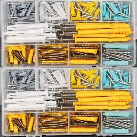 Heavy Duty Self Drilling Drywall Anchors Kit 220 Piece Wall Plugs Expansion Bolts in organizer tray, yellow, white, gray and blue