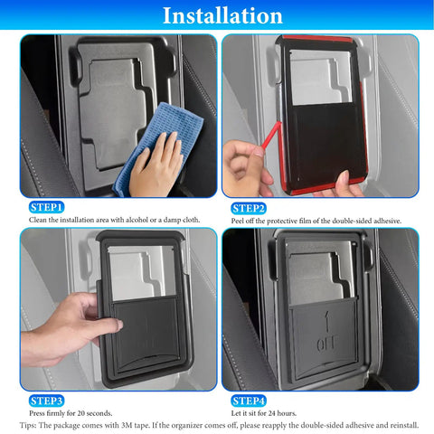 Installation steps for 3 Piece Center Console Organizer And Armrest Tray For Honda CRV 2023 2024 2025 2026 showing cleaning, peeling adhesive, placing, and setting.