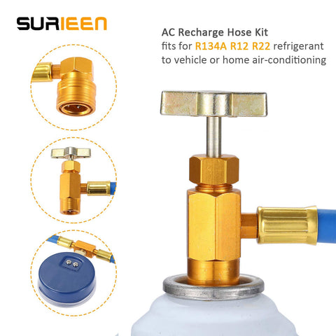 Diy Friendly AC Refrigerant Recharge Hose Kit With Gauge For R134A R22 R12 Includes Piercing Can Tap Valve