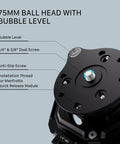 Close-up of 75mm ball head with bubble level showing dual screws and installation thread on Hydra Articulating Car Mounting System.