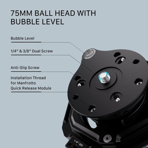 Close-up of 75mm ball head with bubble level showing dual screws and installation thread on Hydra Articulating Car Mounting System.