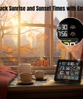 Smart Wi Fi Weather Station With App Control And 8 Inch Display Indoor Outdoor Thermometer Sunset Sunrise Time PM2.5 AQI UV Index Four Alarm Clock 2.4 GHz Wi Fi Compatible on table by window showing display with sunrise and sunset times.