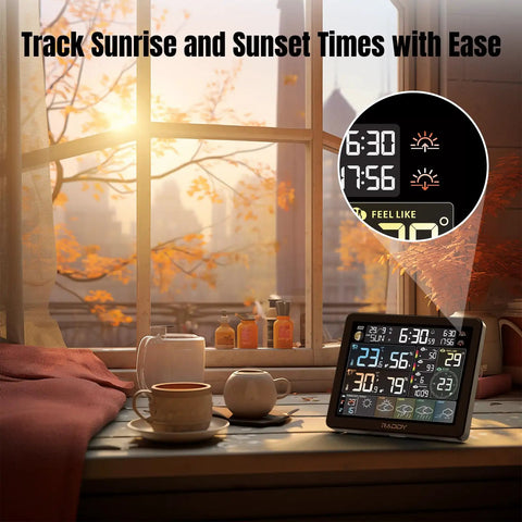 Smart Wi Fi Weather Station With App Control And 8 Inch Display Indoor Outdoor Thermometer Sunset Sunrise Time PM2.5 AQI UV Index Four Alarm Clock 2.4 GHz Wi Fi Compatible on table by window showing display with sunrise and sunset times.