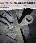 Six Piece Long Flex Head Crowfoot Line Wrench Set With Three Eighths Inch Drive in use on tight engine fuel line