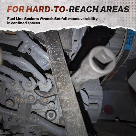 Six Piece Long Flex Head Crowfoot Line Wrench Set With Three Eighths Inch Drive in use on tight engine fuel line