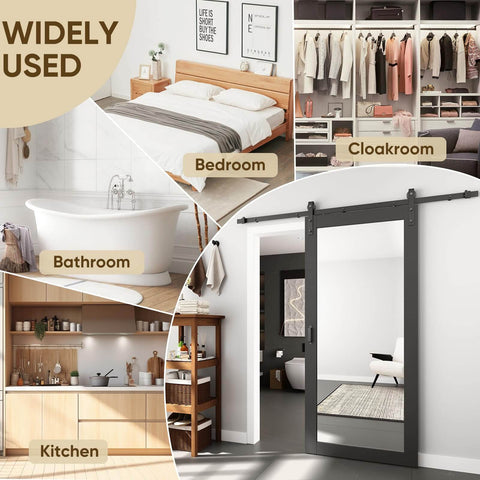 36 Inch Wide By 84 Inch Tall Mirror Barn Door Built Tough With 6.6 Foot Sliding Hardware Kit Included, shown installed in various rooms.