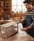 Man using 3 Pack Clear Heavy Duty Stretch Wrap Film Rolls With Handles 100 Gauge 5 X 1000 Ft to wrap a wooden box in workshop.