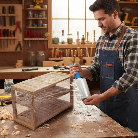 Man using 3 Pack Clear Heavy Duty Stretch Wrap Film Rolls With Handles 100 Gauge 5 X 1000 Ft to wrap a wooden box in workshop.