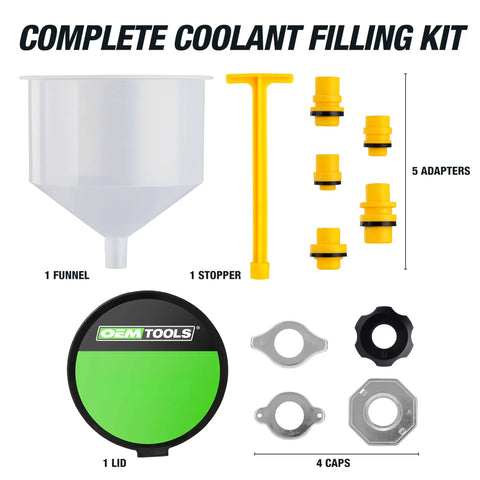 No Spill Coolant Funnel Kit 15 Piece Set For Easy Leak Free Radiator Refills With Access To Hard To Reach Radiators And Five Direct Fit Adapters