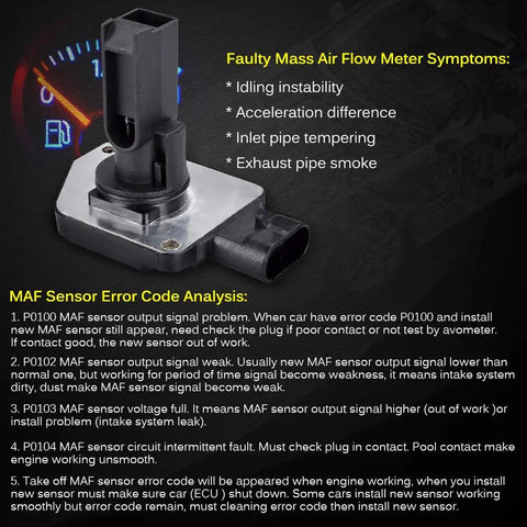 Mass Air Flow Sensor MAF AFH50M05 Replacement For Buick LeSabre Pontiac Grand Prix Oldsmobile 88 shown with error code analysis and symptoms