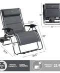 Oversized 33 Inch Wide Zero Gravity Chair With Side Table Full Padded Outdoor Lounge Recliner For Camping And Patio Lawn Heavy Duty 500lbs Support Grey, unfolded and folded with dimensions