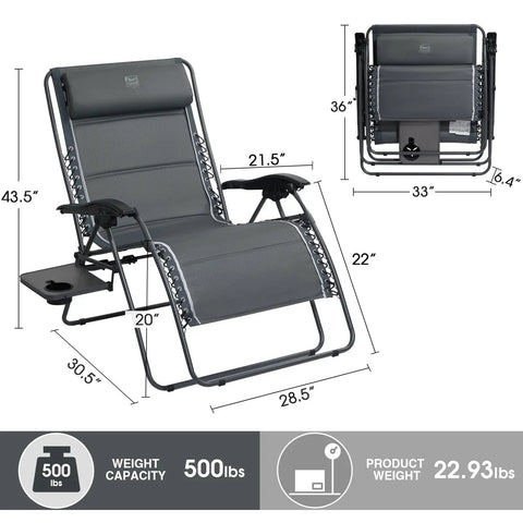 Oversized 33 Inch Wide Zero Gravity Chair With Side Table Full Padded Outdoor Lounge Recliner For Camping And Patio Lawn Heavy Duty 500lbs Support Grey, unfolded and folded with dimensions