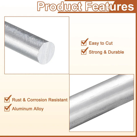 Close-up of Five Pack Round Aluminum Rods Five Sixteenths Inch Diameter Twelve Inch Long 6061 Aluminum Bar with product features listed