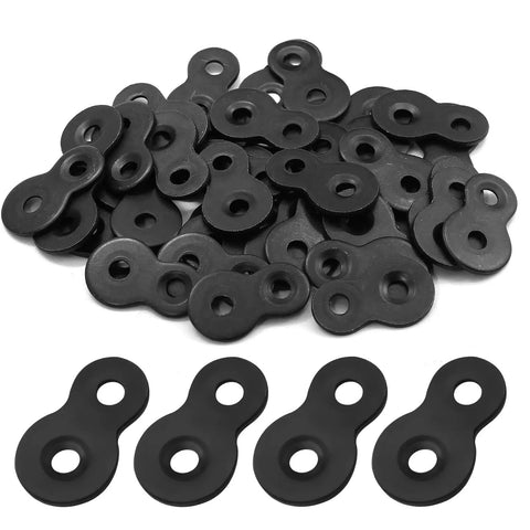 20 Piece Heavy Duty Figure Eight Table Top Fasteners Thick Iron Desktop Connectors Pro Grade Hardware For Furniture Assembly Woodworking Projects Solid Black Metal Joiners Built Legit Tough To Handle Daily Wear And Tear All Day Long, featuring a close-up of multiple connectors.