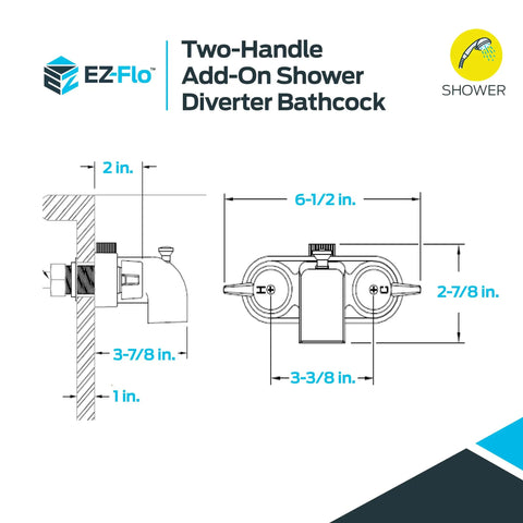 Diagram of Two-Handle Add-On Shower Diverter Bathcock in Chrome Plated Brass, showing dimensions and installation guide