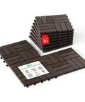 Set of 10 Interlocking Deck Tiles For Indoor And Outdoor Use Waterproof Acacia Wood Patio Tiles Dark Brown Checker Pattern 11.81 Inch Squares
