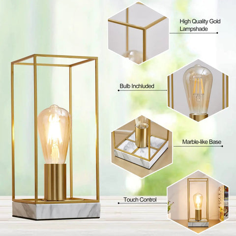 Touch Table Lamp With 3 Way Dimmable Brightness, Modern Nightstand Desk Lamp, White Faux Marble Base, Edison Bulb Included, Easy Tap Control