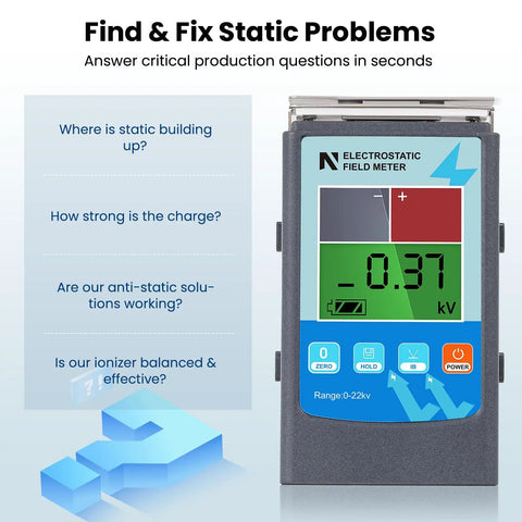 Genuine Static Meter And Electrostatic Fieldmeter For Quick ESD Touch Ups measuring up to twenty kilovolts with LCD display.