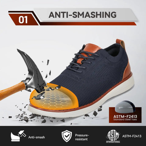 Steel Toe Work Sneakers For Men, Lightweight Oxford Style Safety Shoes, ASTM F2413 Rated, anti-smash hammer test, navy blue