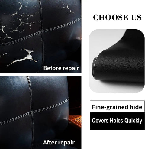 Ultra Large Self Adhesive Leather Repair Patch 17X79 Inch for couches showing before and after repair on damaged leather.
