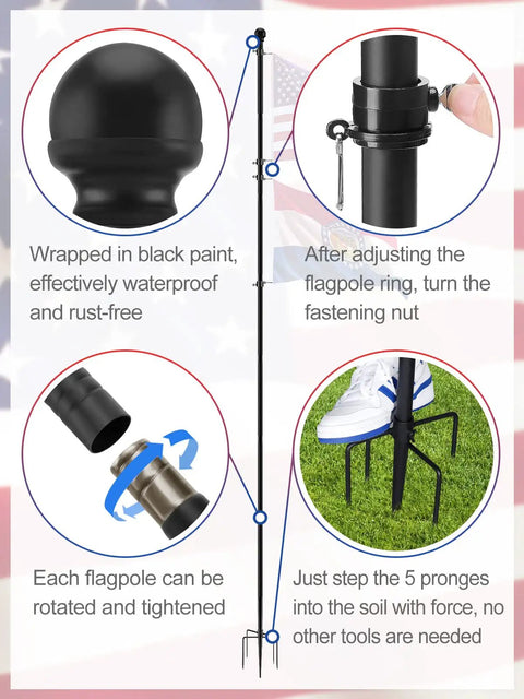 Instructional graphic for 10 Ft In Ground Flag Poles Kit For Double Flag Display with 5-prong base, showing assembly steps on a lawn.