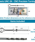 Dimensions and components of Five Pack Heavy Duty Stainless Steel Eyebolts With Nuts And Washers And Drill Bit Quarter Inch Threaded Eyebolts