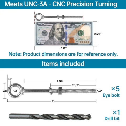Dimensions and components of Five Pack Heavy Duty Stainless Steel Eyebolts With Nuts And Washers And Drill Bit Quarter Inch Threaded Eyebolts