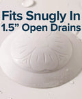 Slick Snap Shut Tub Drain Stopper For Standard 1.5 Inch Open Bathroom Drains, snug fit, white design.