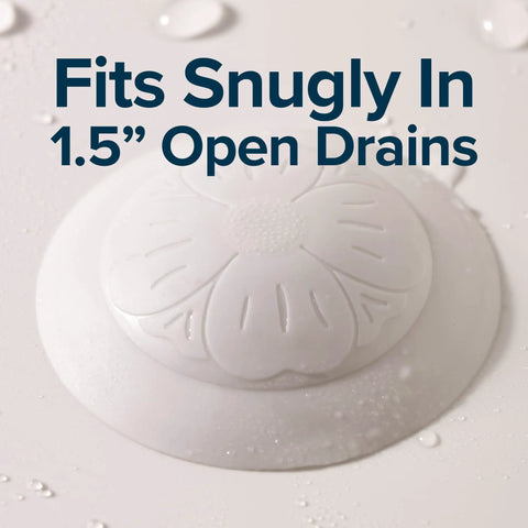 Slick Snap Shut Tub Drain Stopper For Standard 1.5 Inch Open Bathroom Drains, snug fit, white design.