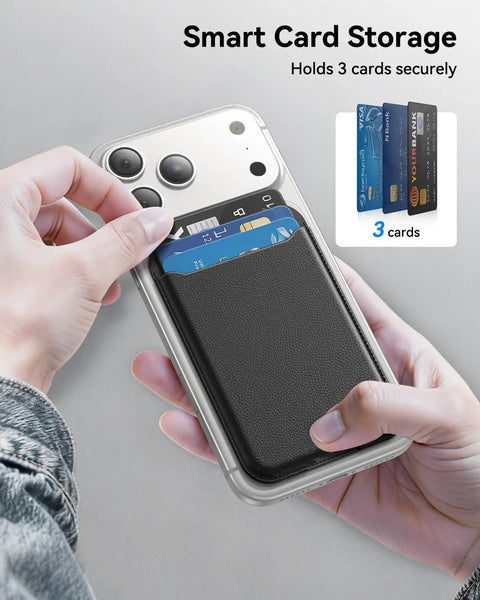 Ultra Slim MagSafe Wallet Card Holder For iPhone 17 16 15 14 13 12 Pro Max Plus Air Series With 3 Card Slots RFID Blocking Vegan Leather Black attached to phone